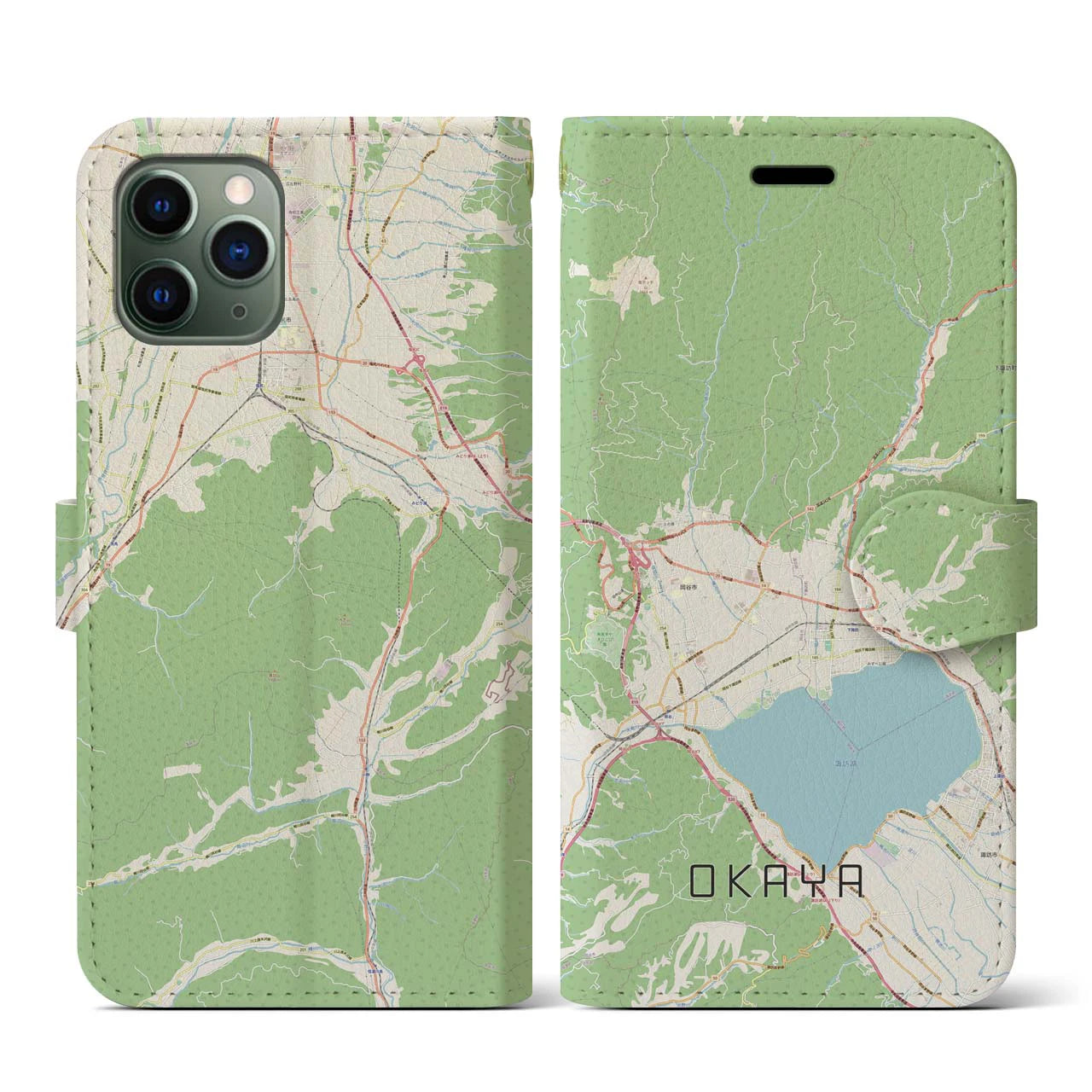 【岡谷(長野県)】地図柄iPhoneケース(手帳タイプ)ナチュラル・iPhone 11 Pro 用