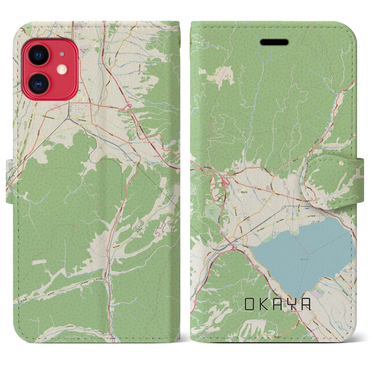 【岡谷(長野県)】地図柄iPhoneケース(手帳タイプ)ナチュラル・iPhone 11 用