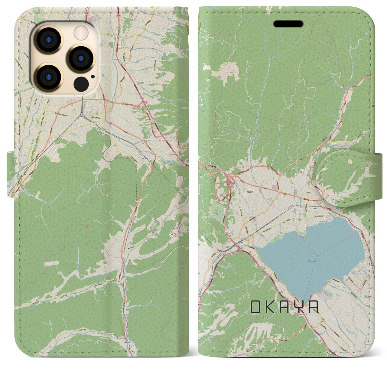 【岡谷(長野県)】地図柄iPhoneケース(手帳タイプ)ナチュラル・iPhone 12 Pro Max 用