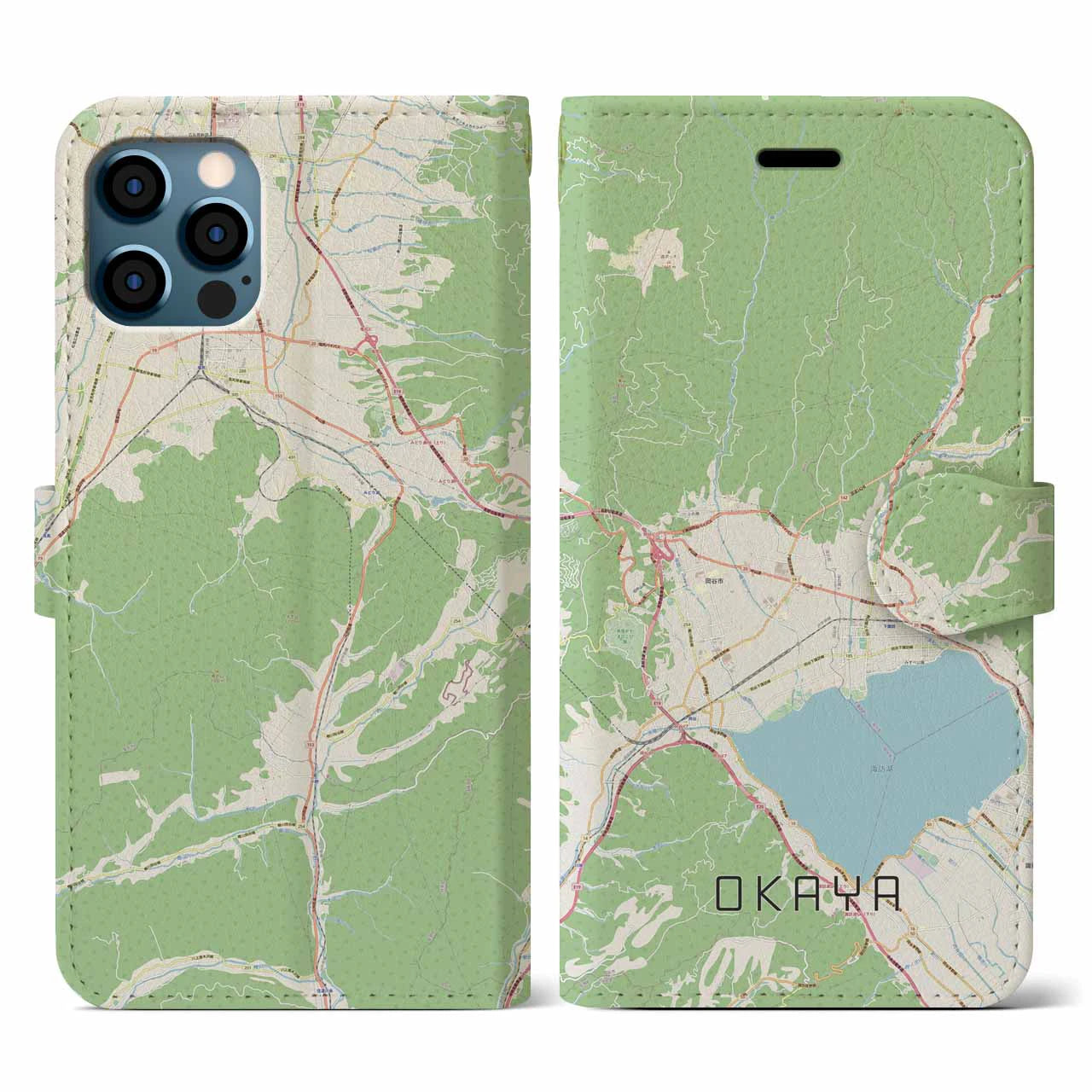 【岡谷(長野県)】地図柄iPhoneケース(手帳タイプ)ナチュラル・iPhone 12 / 12 Pro 用