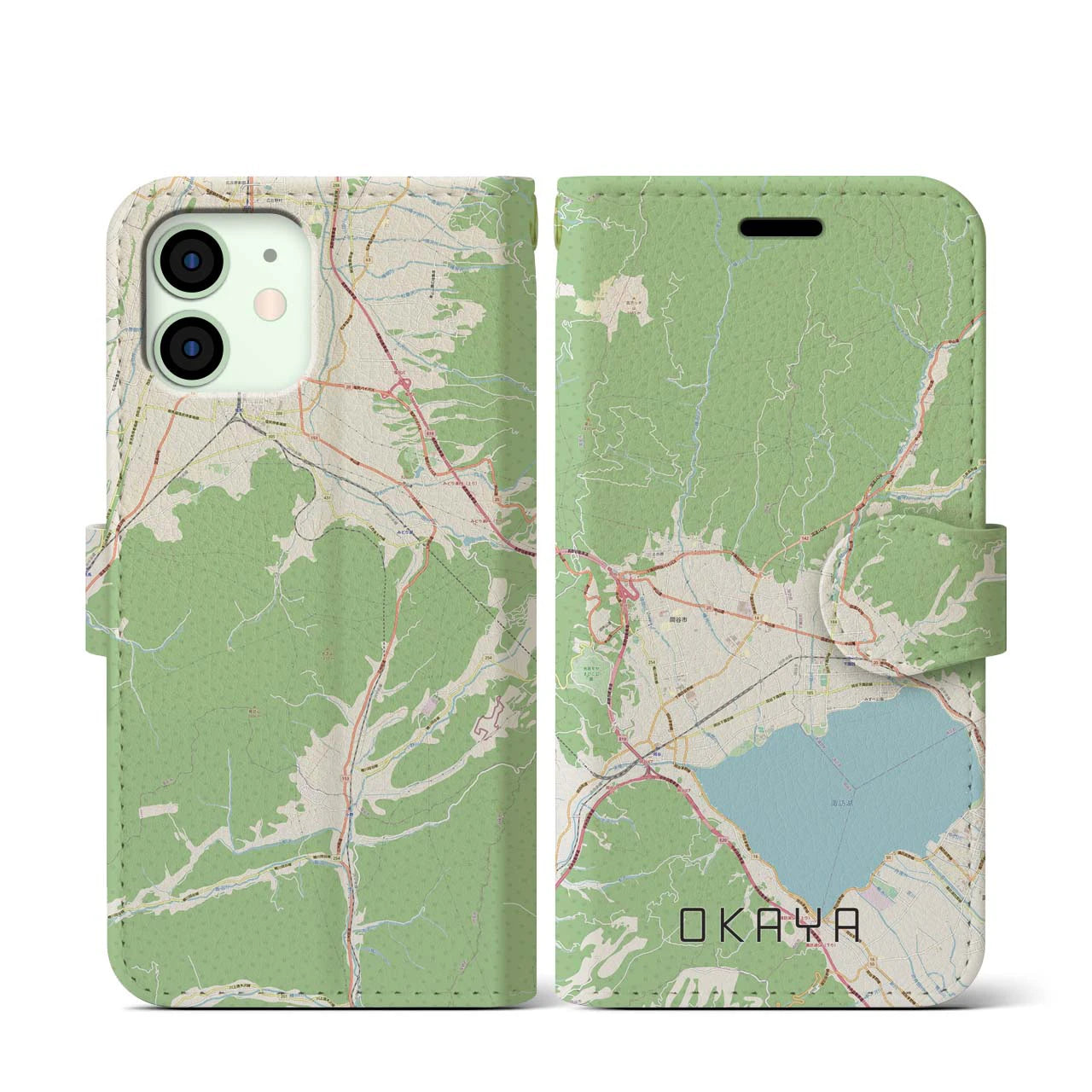 【岡谷(長野県)】地図柄iPhoneケース(手帳タイプ)ナチュラル・iPhone 12 mini 用