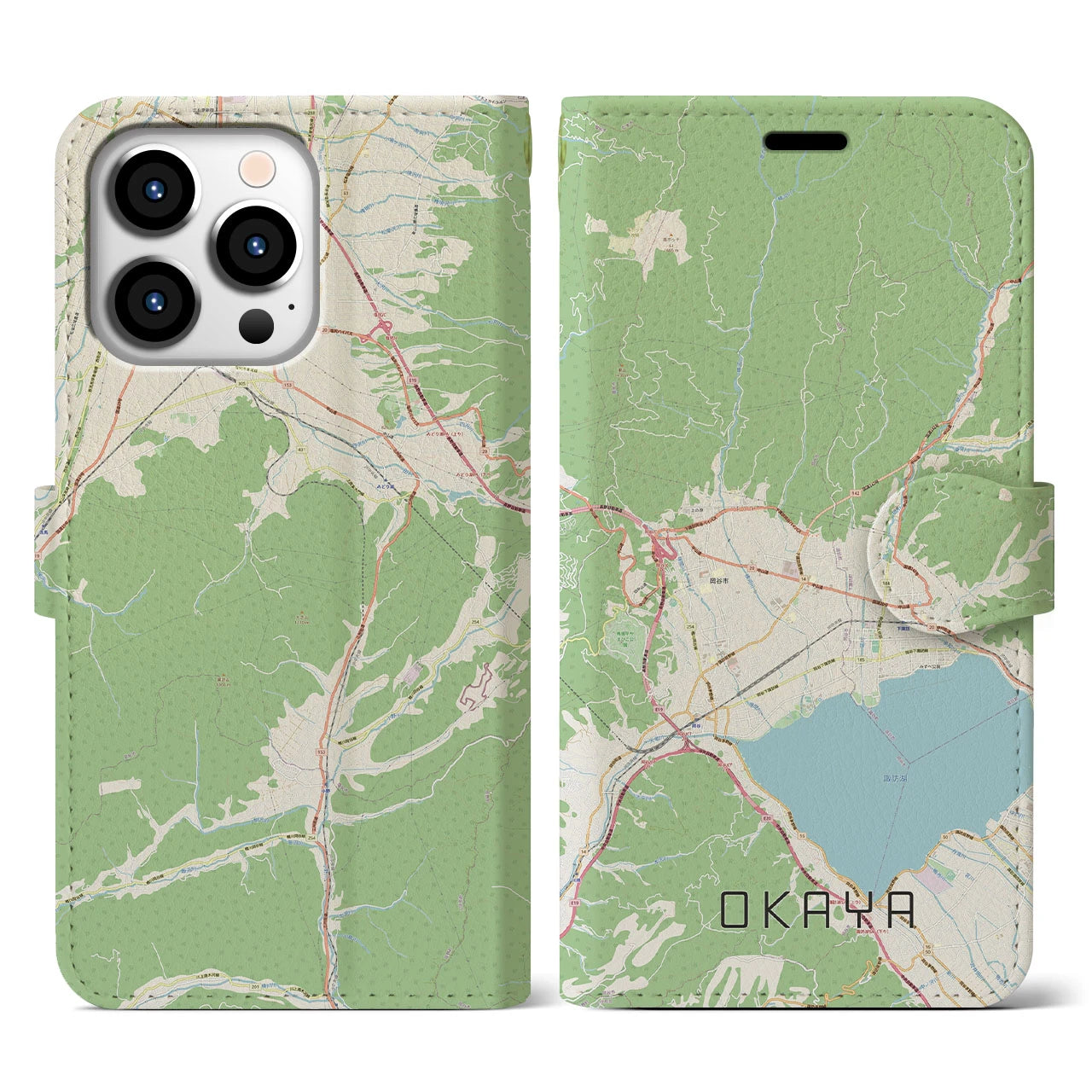 【岡谷(長野県)】地図柄iPhoneケース(手帳タイプ)ナチュラル・iPhone 13 Pro 用