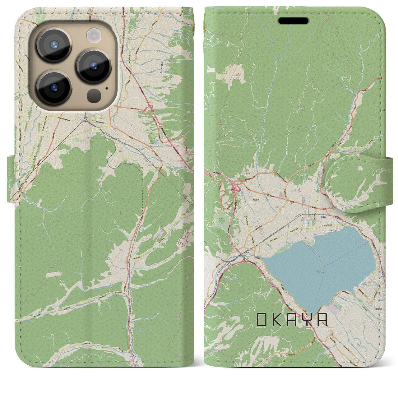 【岡谷(長野県)】地図柄iPhoneケース(手帳タイプ)ナチュラル・iPhone 14 Pro Max 用