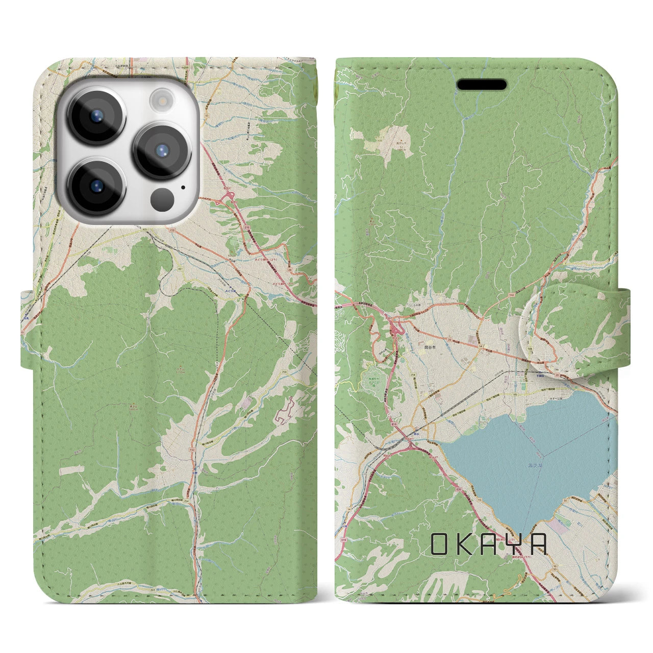【岡谷(長野県)】地図柄iPhoneケース(手帳タイプ)ナチュラル・iPhone 14 Pro 用