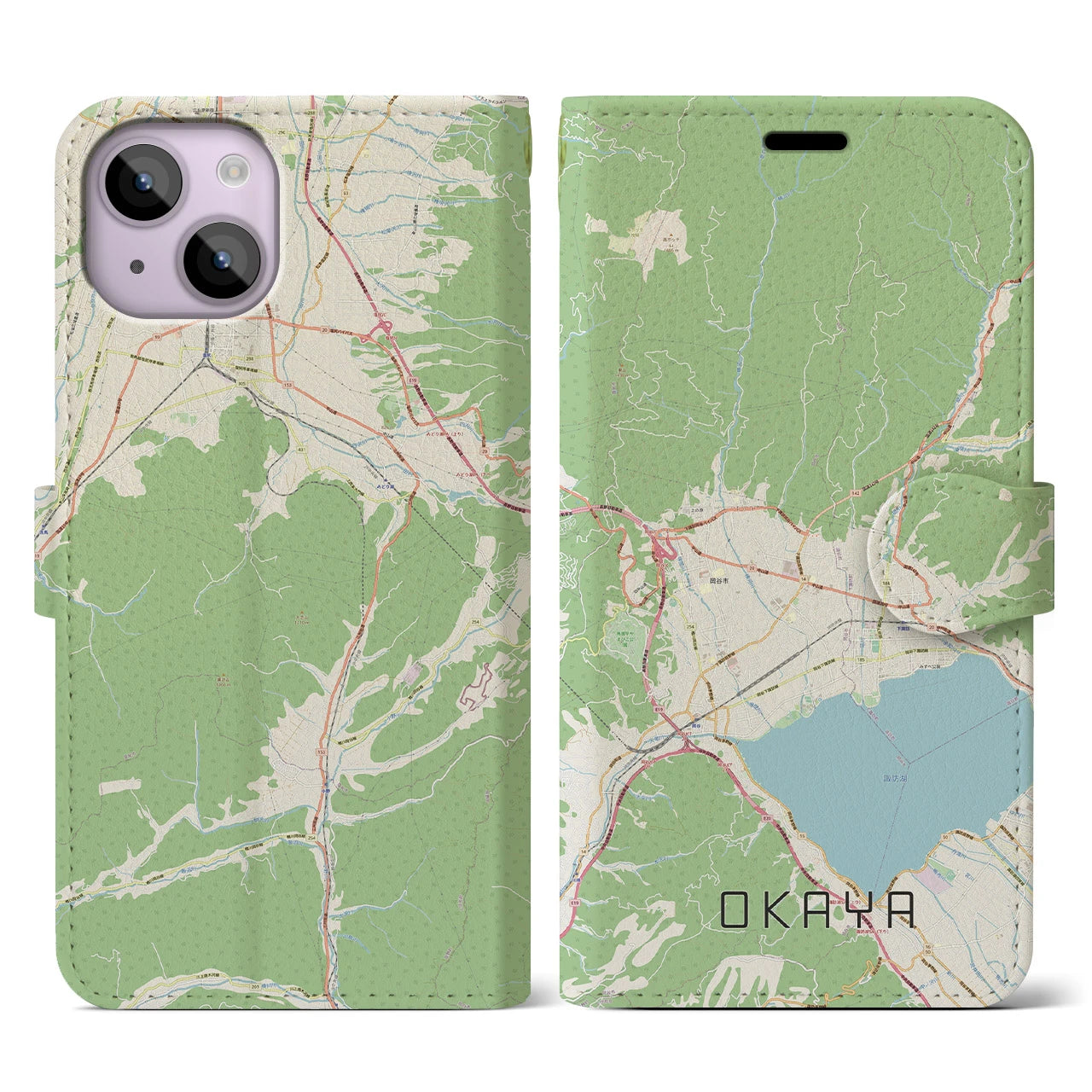 【岡谷(長野県)】地図柄iPhoneケース(手帳タイプ)ナチュラル・iPhone 14 用