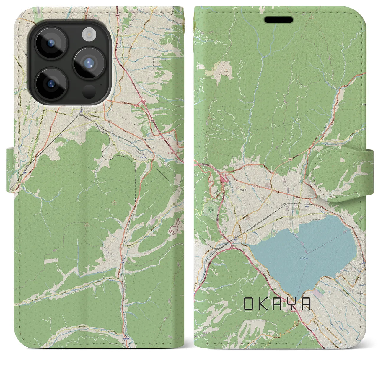 【岡谷(長野県)】地図柄iPhoneケース(手帳タイプ)ナチュラル・iPhone 15 Pro Max 用