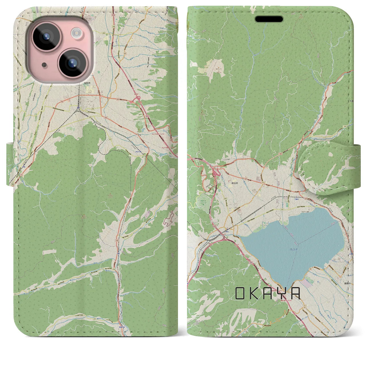 【岡谷(長野県)】地図柄iPhoneケース(手帳タイプ)ナチュラル・iPhone 15 Plus 用