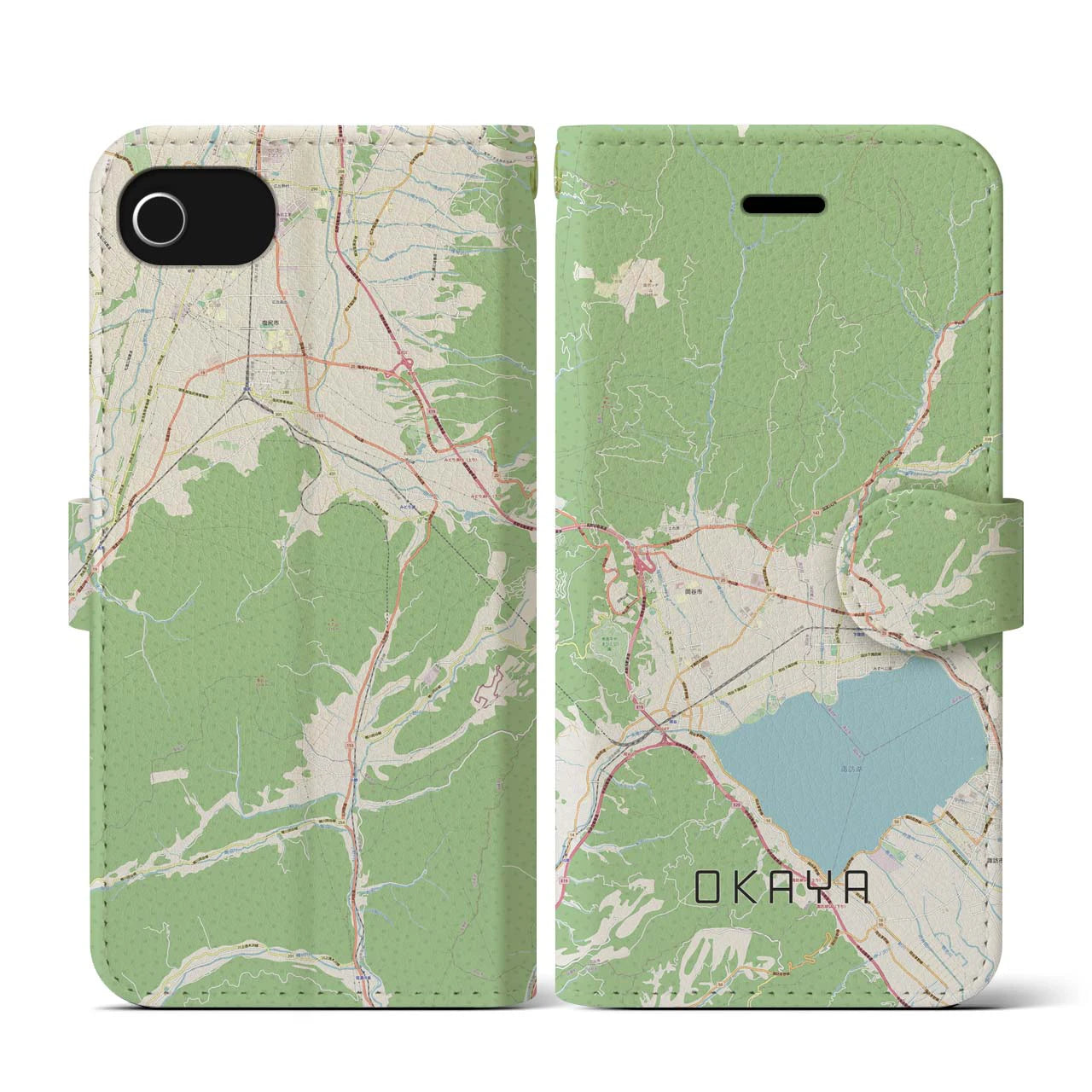 【岡谷(長野県)】地図柄iPhoneケース(手帳タイプ)ナチュラル・iPhone SE(第3 / 第2世代) / 8 / 7 / 6s / 6 用