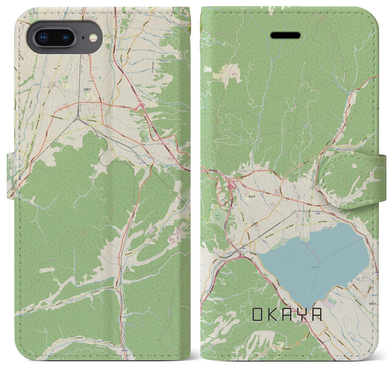 【岡谷(長野県)】地図柄iPhoneケース(手帳タイプ)ナチュラル・iPhone 8Plus /7Plus / 6sPlus / 6Plus 用