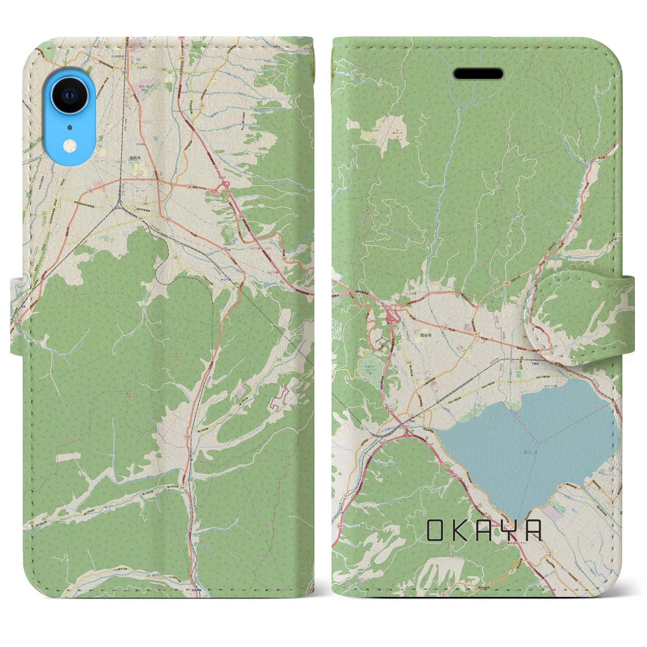 【岡谷(長野県)】地図柄iPhoneケース(手帳タイプ)ナチュラル・iPhone XR 用