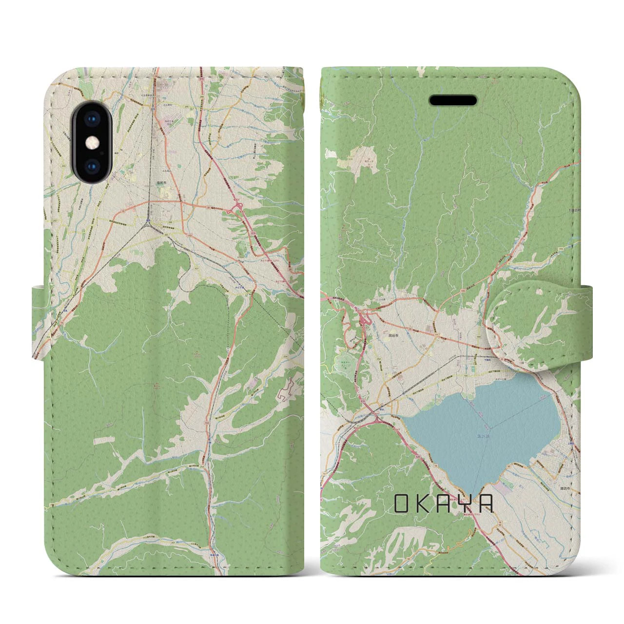 【岡谷(長野県)】地図柄iPhoneケース(手帳タイプ)ナチュラル・iPhone XS / X 用