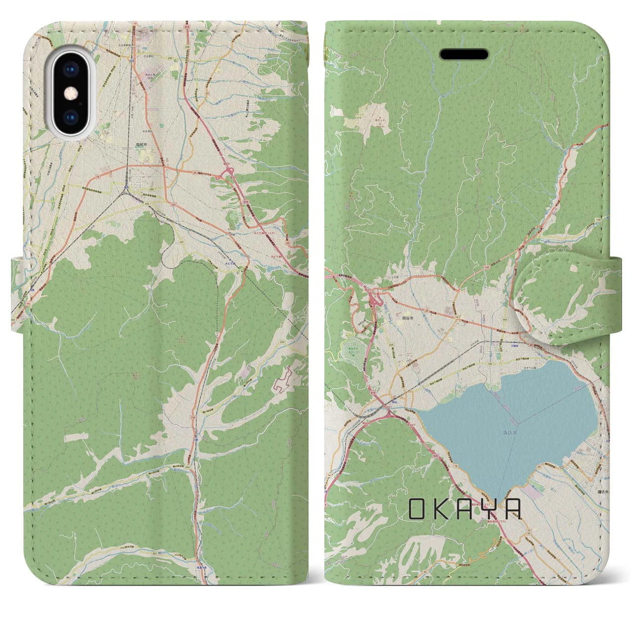 【岡谷(長野県)】地図柄iPhoneケース(手帳タイプ)ナチュラル・iPhone XS Max 用