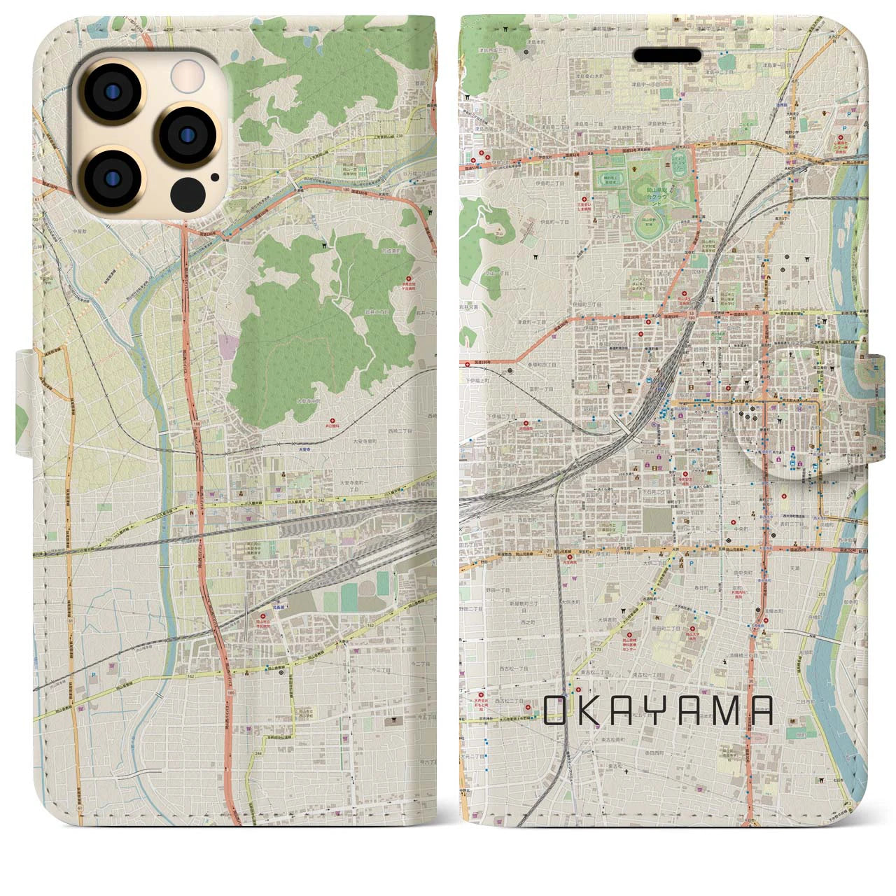 【岡山2(岡山県)】地図柄iPhoneケース(手帳タイプ)ナチュラル・iPhone 12 Pro Max 用