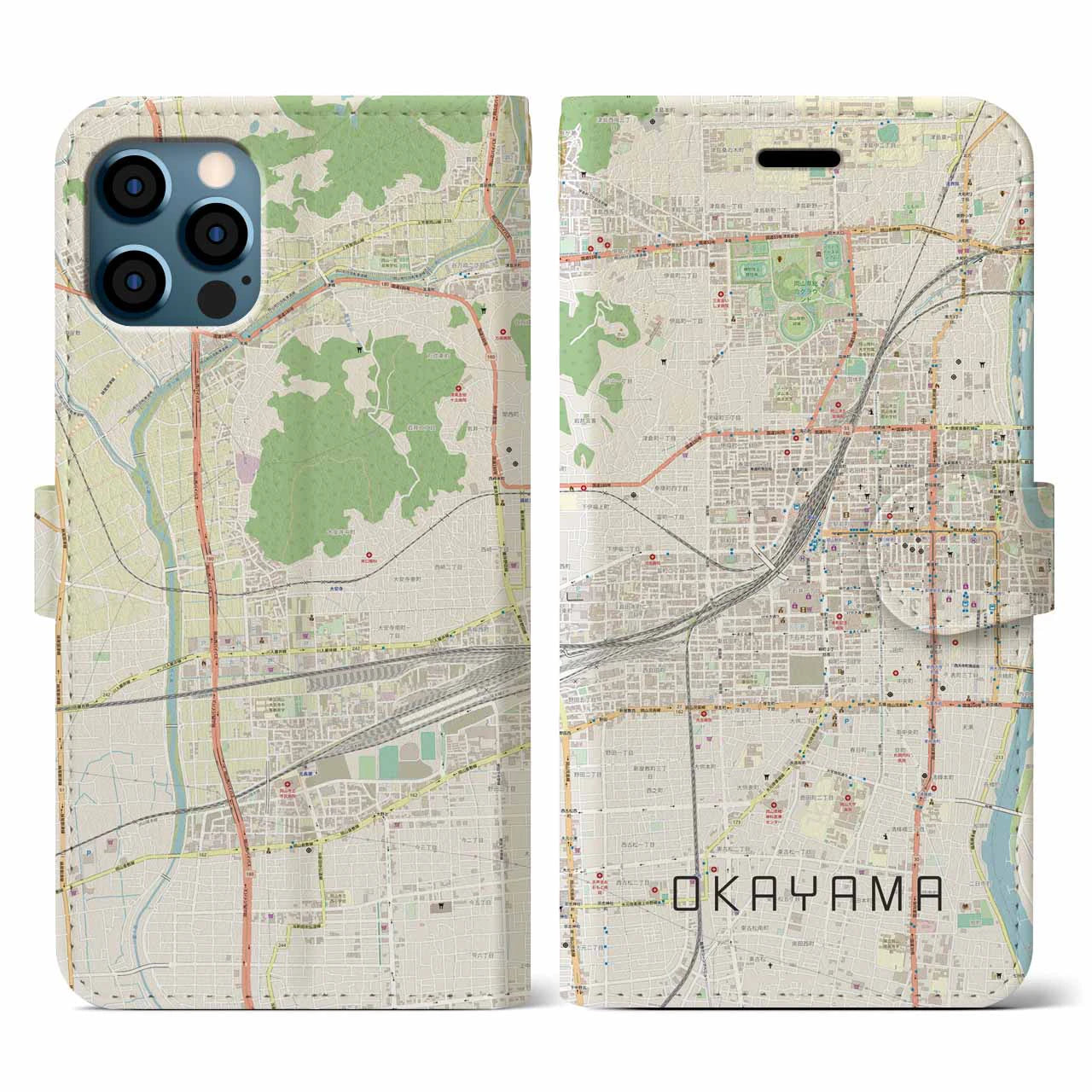 【岡山2(岡山県)】地図柄iPhoneケース(手帳タイプ)ナチュラル・iPhone 12 / 12 Pro 用