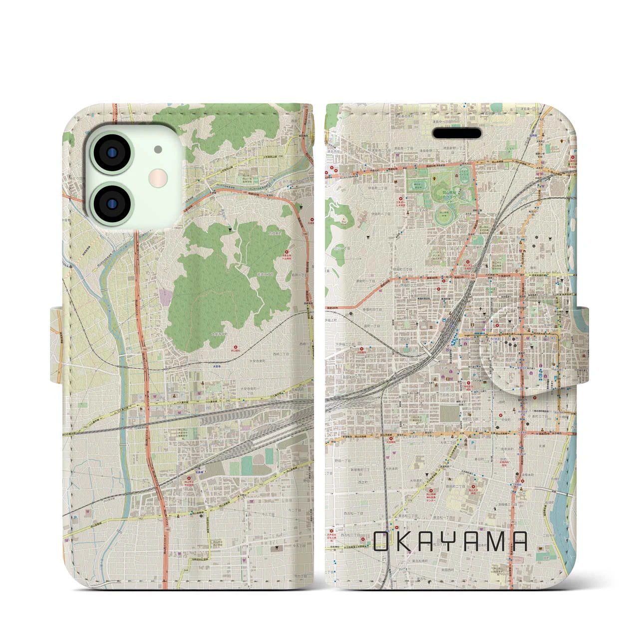 【岡山2(岡山県)】地図柄iPhoneケース(手帳タイプ)ナチュラル・iPhone 12 mini 用