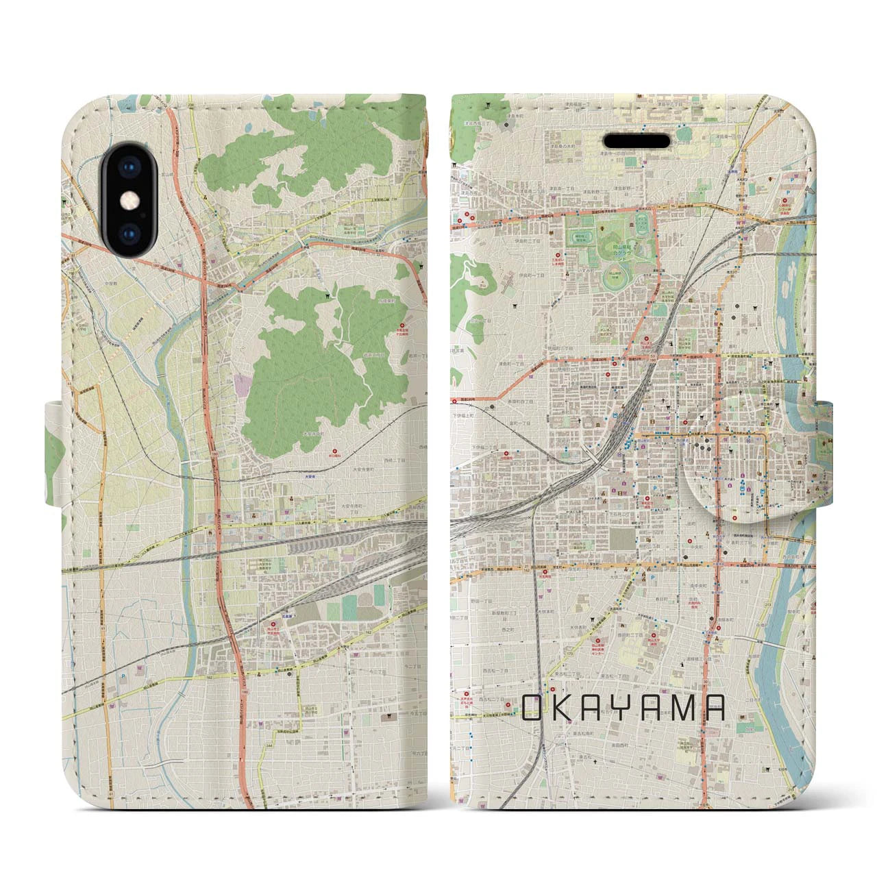 【岡山2(岡山県)】地図柄iPhoneケース(手帳タイプ)ナチュラル・iPhone XS / X 用