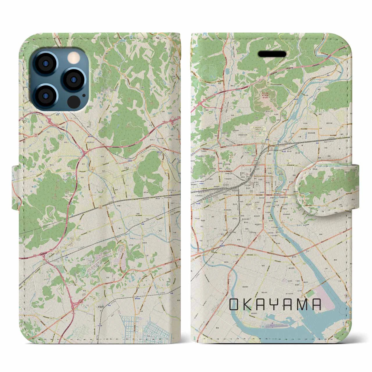 【岡山(岡山県)】地図柄iPhoneケース(手帳タイプ)ナチュラル・iPhone 12 / 12 Pro 用