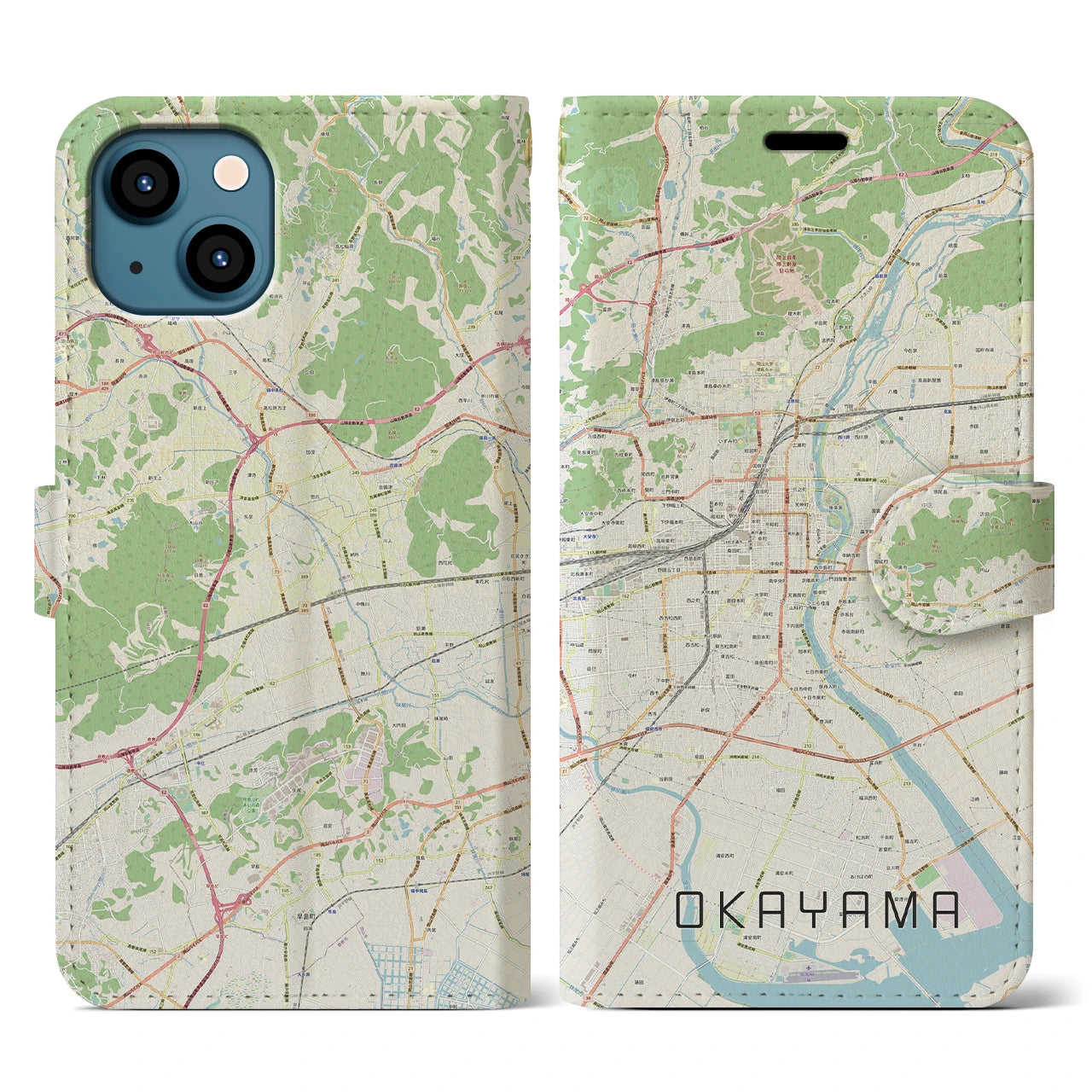 【岡山(岡山県)】地図柄iPhoneケース(手帳タイプ)ナチュラル・iPhone 13 用