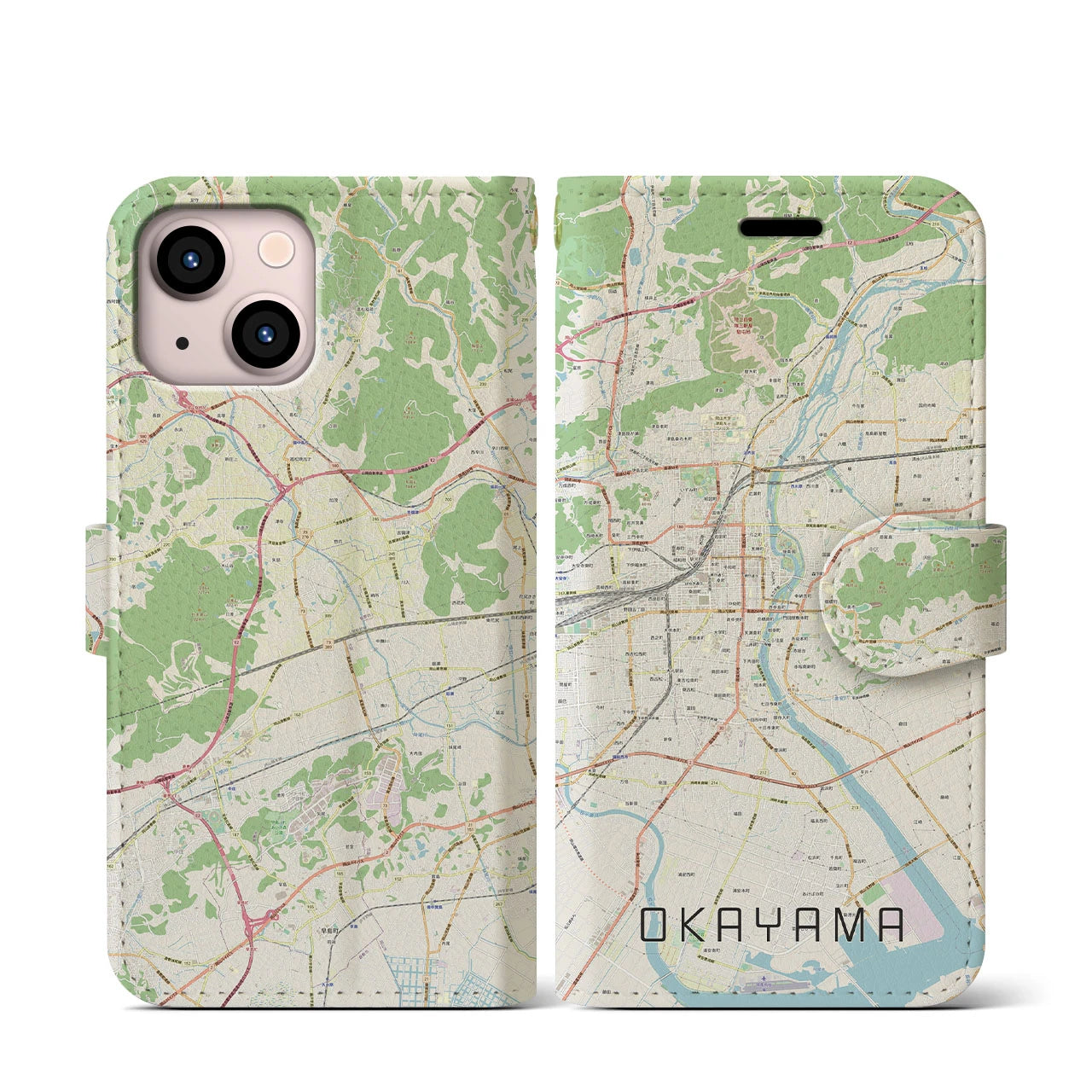 【岡山(岡山県)】地図柄iPhoneケース(手帳タイプ)ナチュラル・iPhone 13 mini 用
