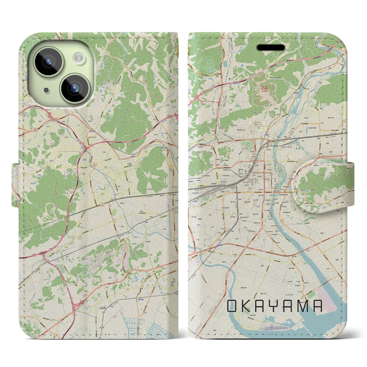 【岡山(岡山県)】地図柄iPhoneケース(手帳タイプ)ナチュラル・iPhone 15 用