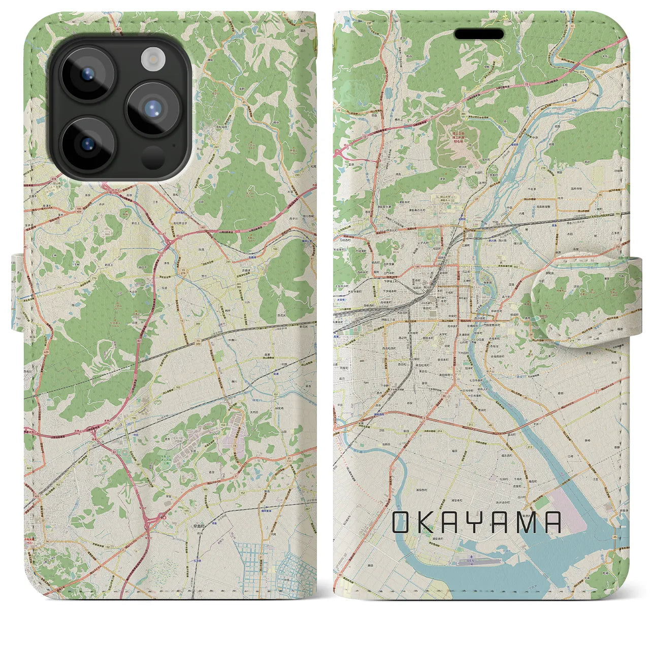 【岡山(岡山県)】地図柄iPhoneケース(手帳タイプ)ナチュラル・iPhone 15 Pro Max 用