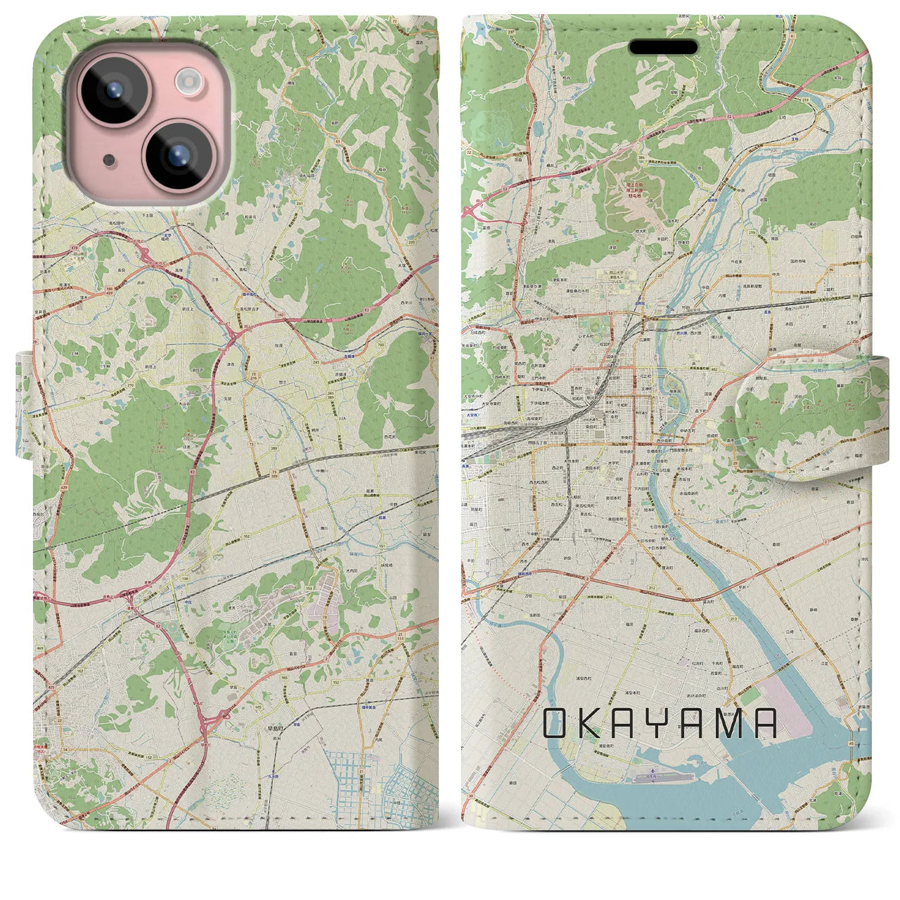 【岡山(岡山県)】地図柄iPhoneケース(手帳タイプ)ナチュラル・iPhone 15 Plus 用