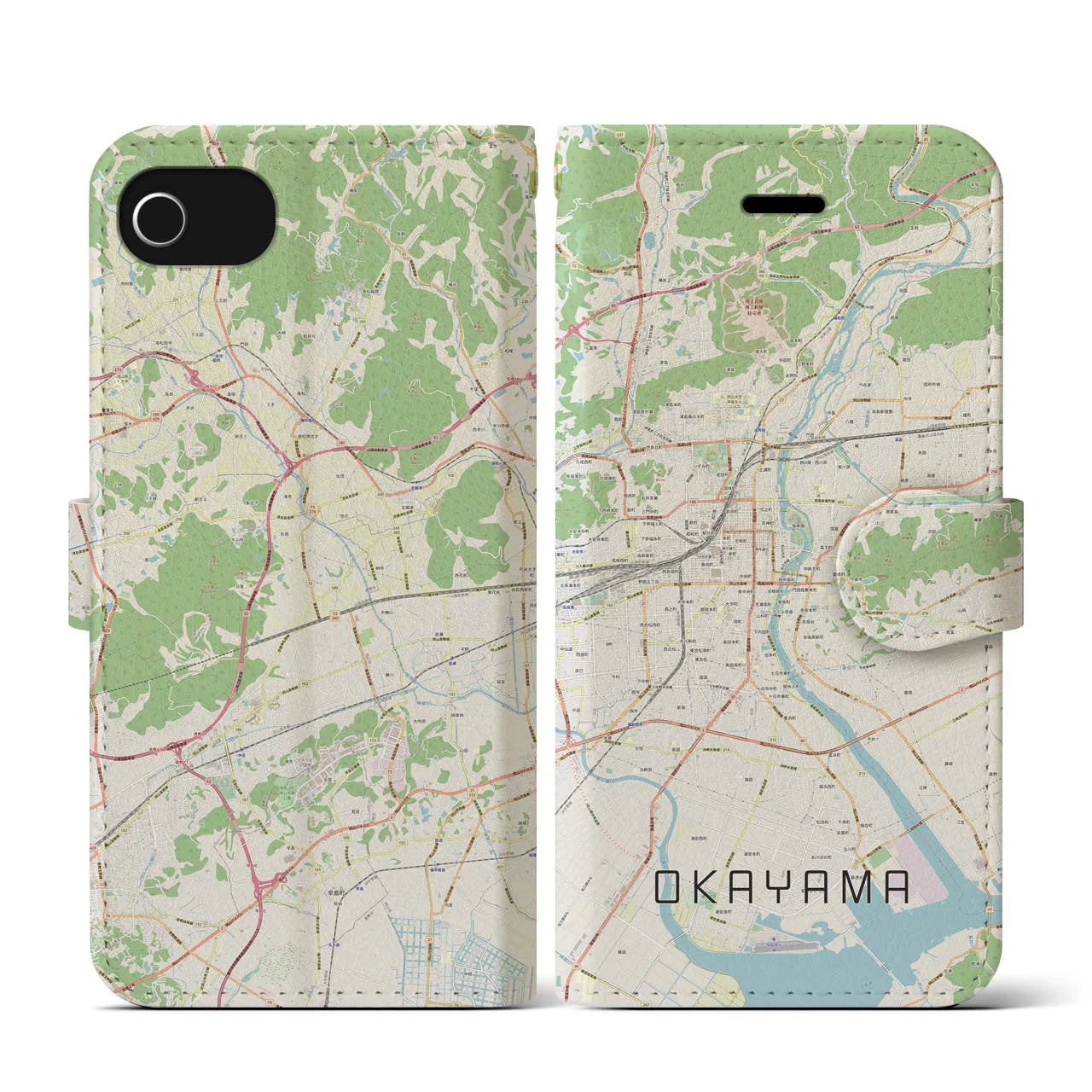 【岡山(岡山県)】地図柄iPhoneケース(手帳タイプ)ナチュラル・iPhone SE(第3 / 第2世代) / 8 / 7 / 6s / 6 用