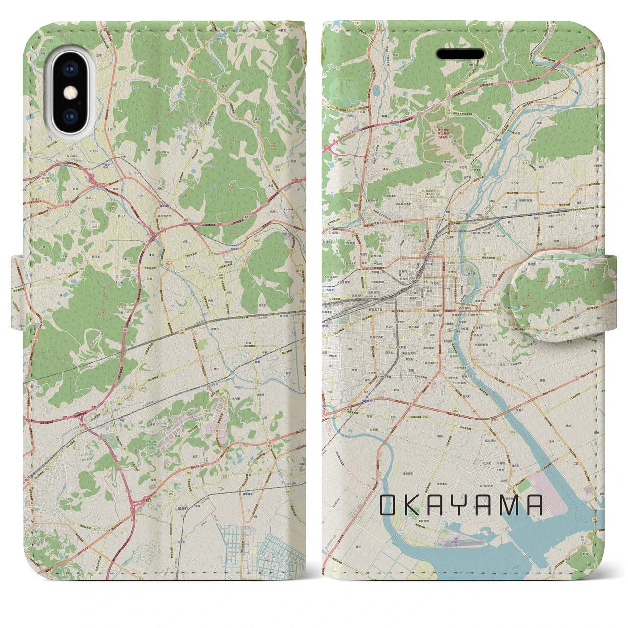 【岡山(岡山県)】地図柄iPhoneケース(手帳タイプ)ナチュラル・iPhone XS Max 用