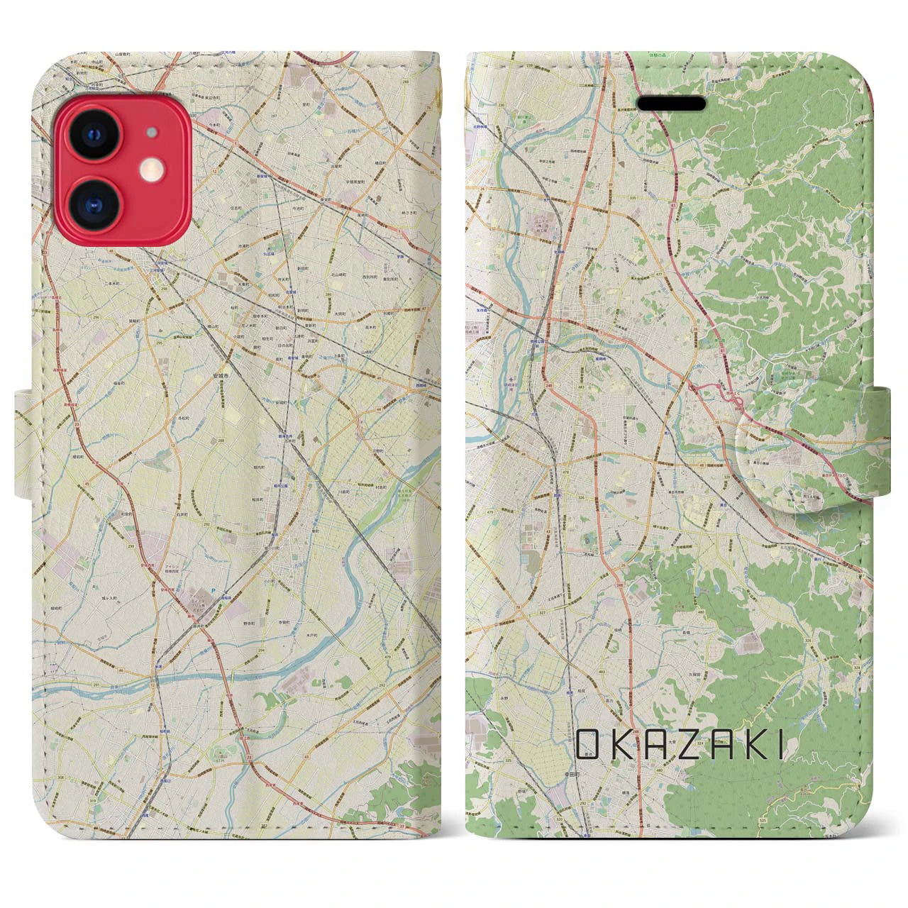 【岡崎(愛知県)】地図柄iPhoneケース(手帳タイプ)ナチュラル・iPhone 11 用