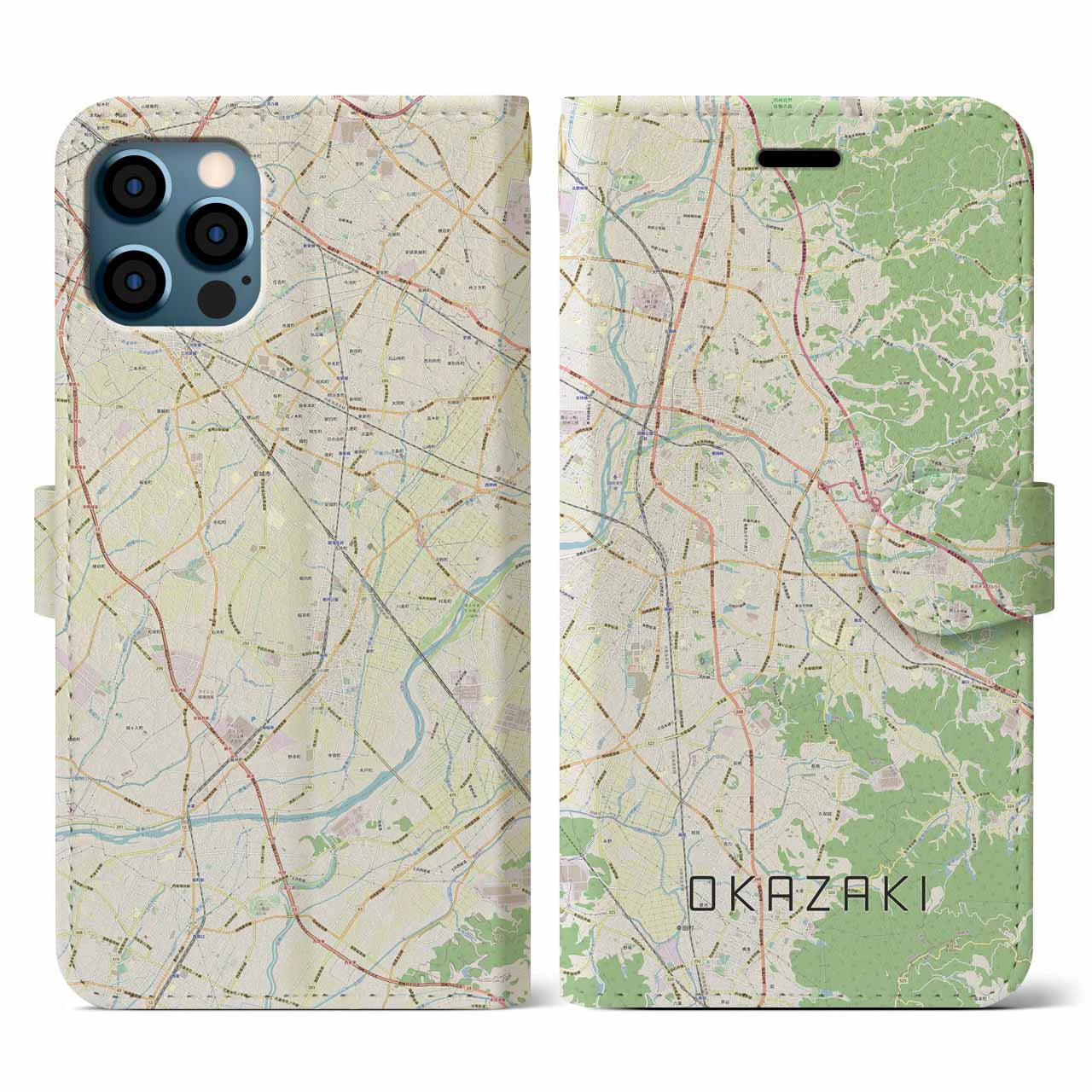 【岡崎(愛知県)】地図柄iPhoneケース(手帳タイプ)ナチュラル・iPhone 12 / 12 Pro 用