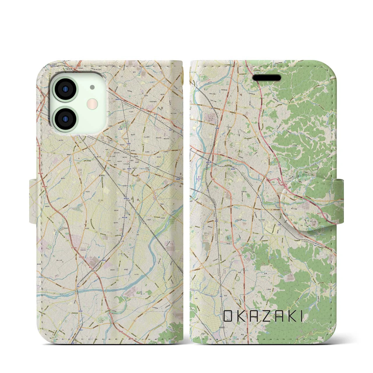 【岡崎(愛知県)】地図柄iPhoneケース(手帳タイプ)ナチュラル・iPhone 12 mini 用