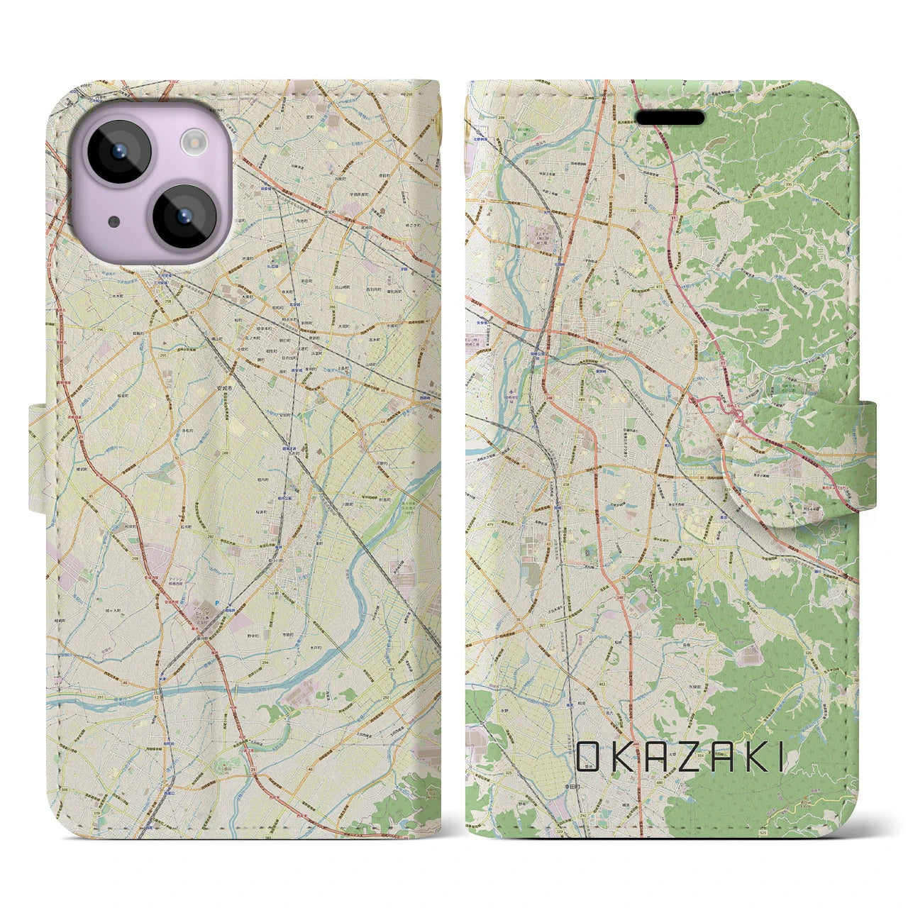 【岡崎(愛知県)】地図柄iPhoneケース(手帳タイプ)ナチュラル・iPhone 14 用