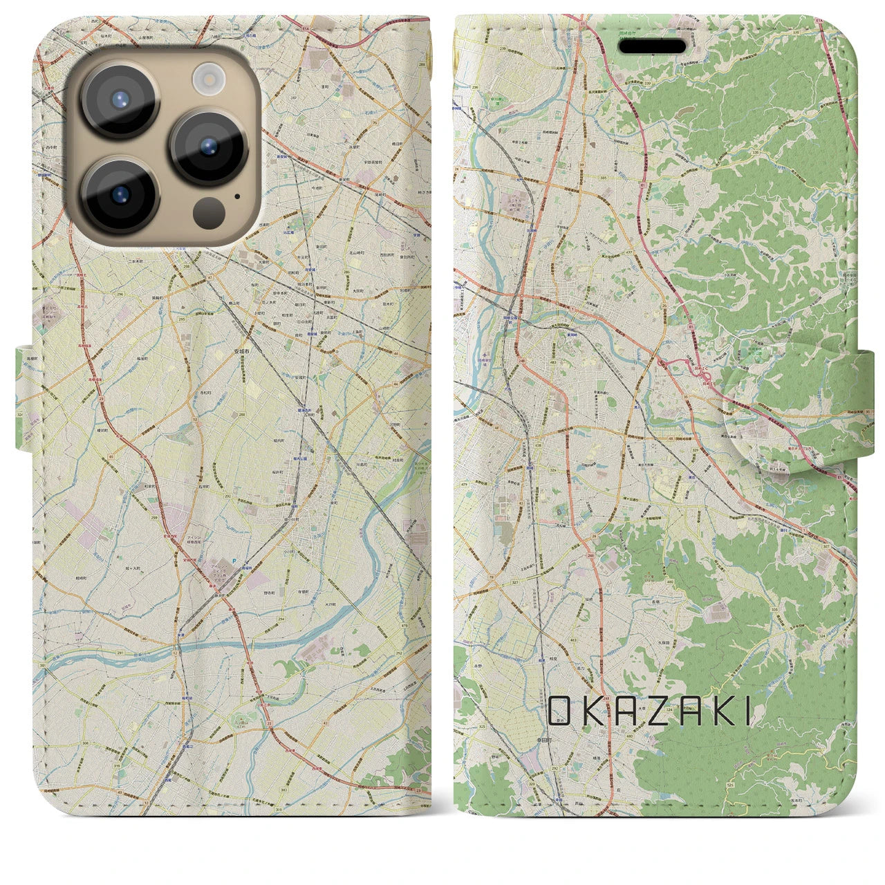 【岡崎(愛知県)】地図柄iPhoneケース(手帳タイプ)ナチュラル・iPhone 14 Pro Max 用