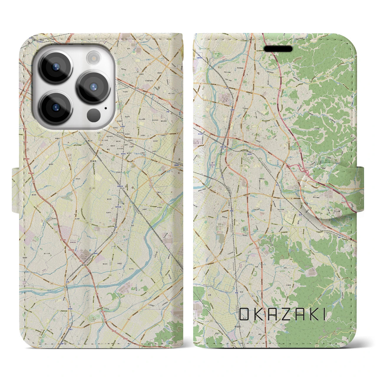 【岡崎(愛知県)】地図柄iPhoneケース(手帳タイプ)ナチュラル・iPhone 14 Pro 用