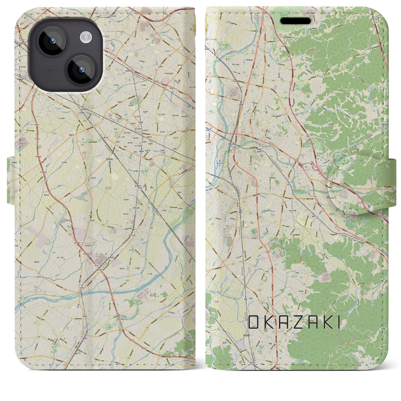 【岡崎(愛知県)】地図柄iPhoneケース(手帳タイプ)ナチュラル・iPhone 14 Plus 用