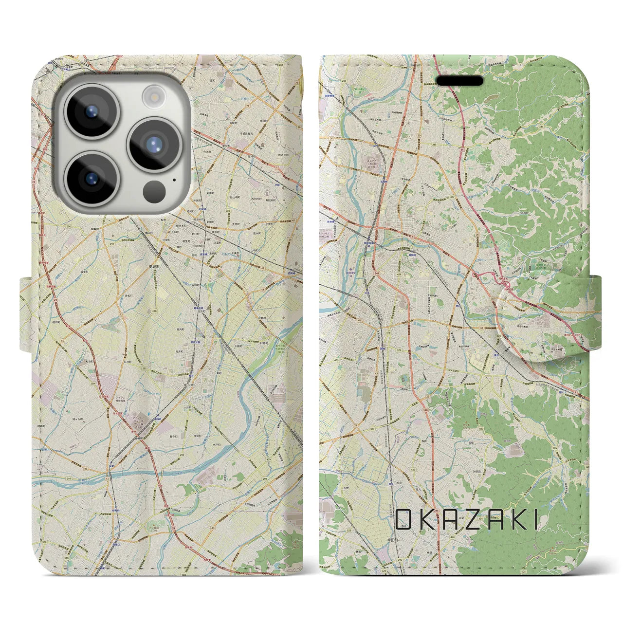【岡崎(愛知県)】地図柄iPhoneケース(手帳タイプ)ナチュラル・iPhone 15 Pro 用