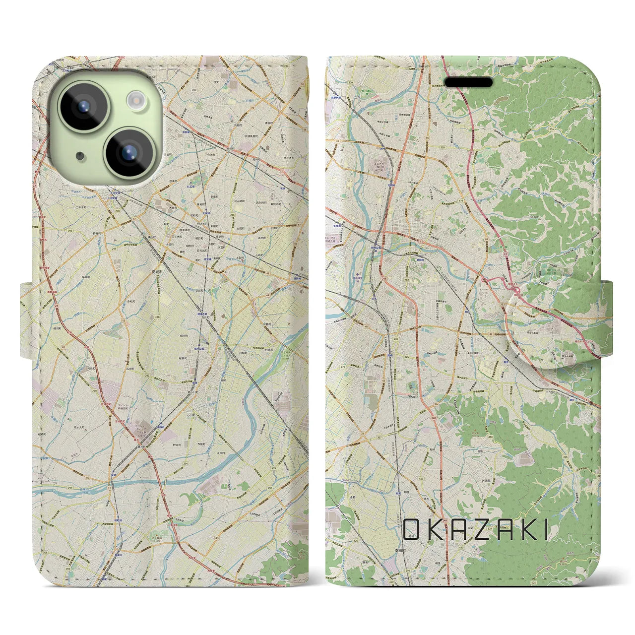 【岡崎(愛知県)】地図柄iPhoneケース(手帳タイプ)ナチュラル・iPhone 15 用