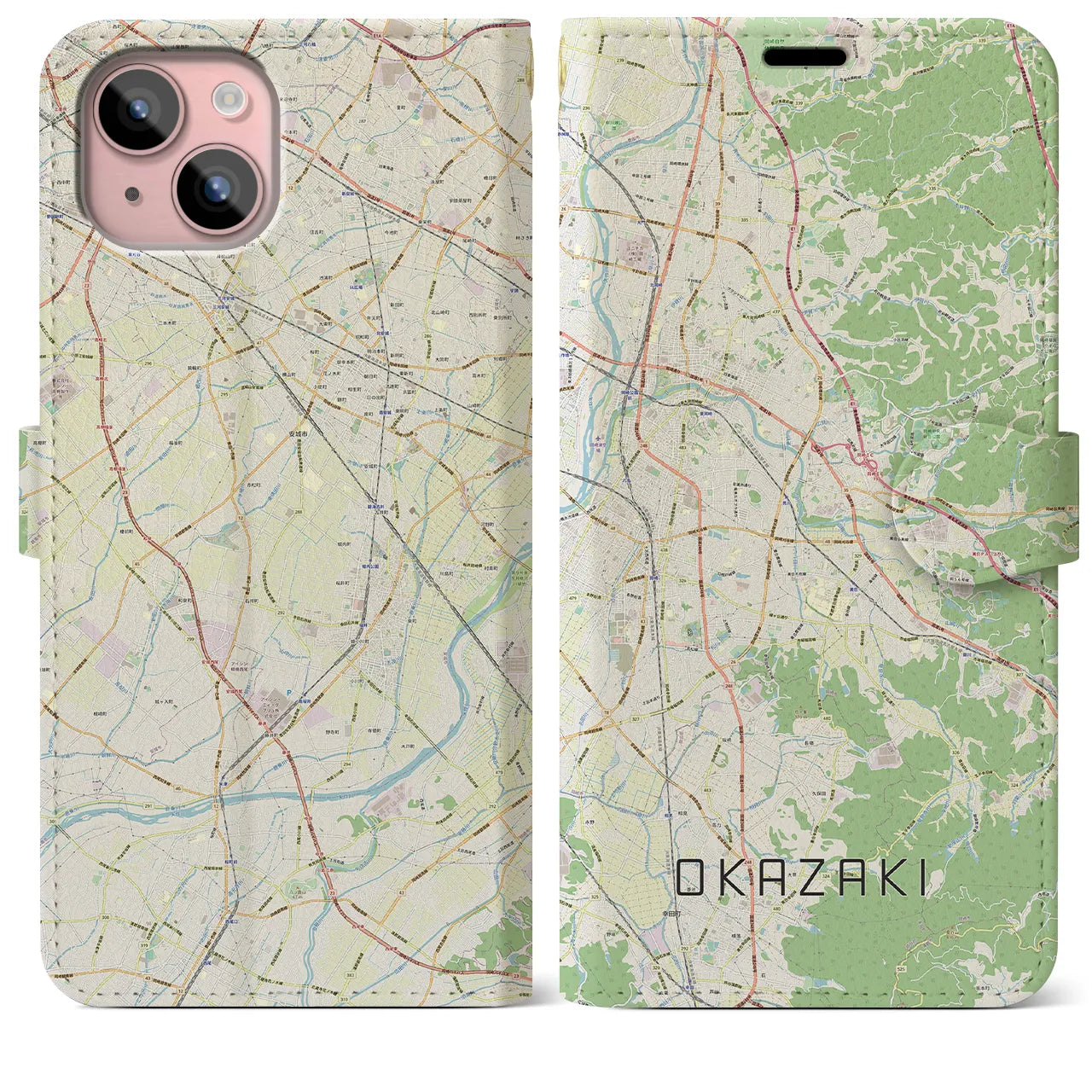 【岡崎(愛知県)】地図柄iPhoneケース(手帳タイプ)ナチュラル・iPhone 15 Plus 用