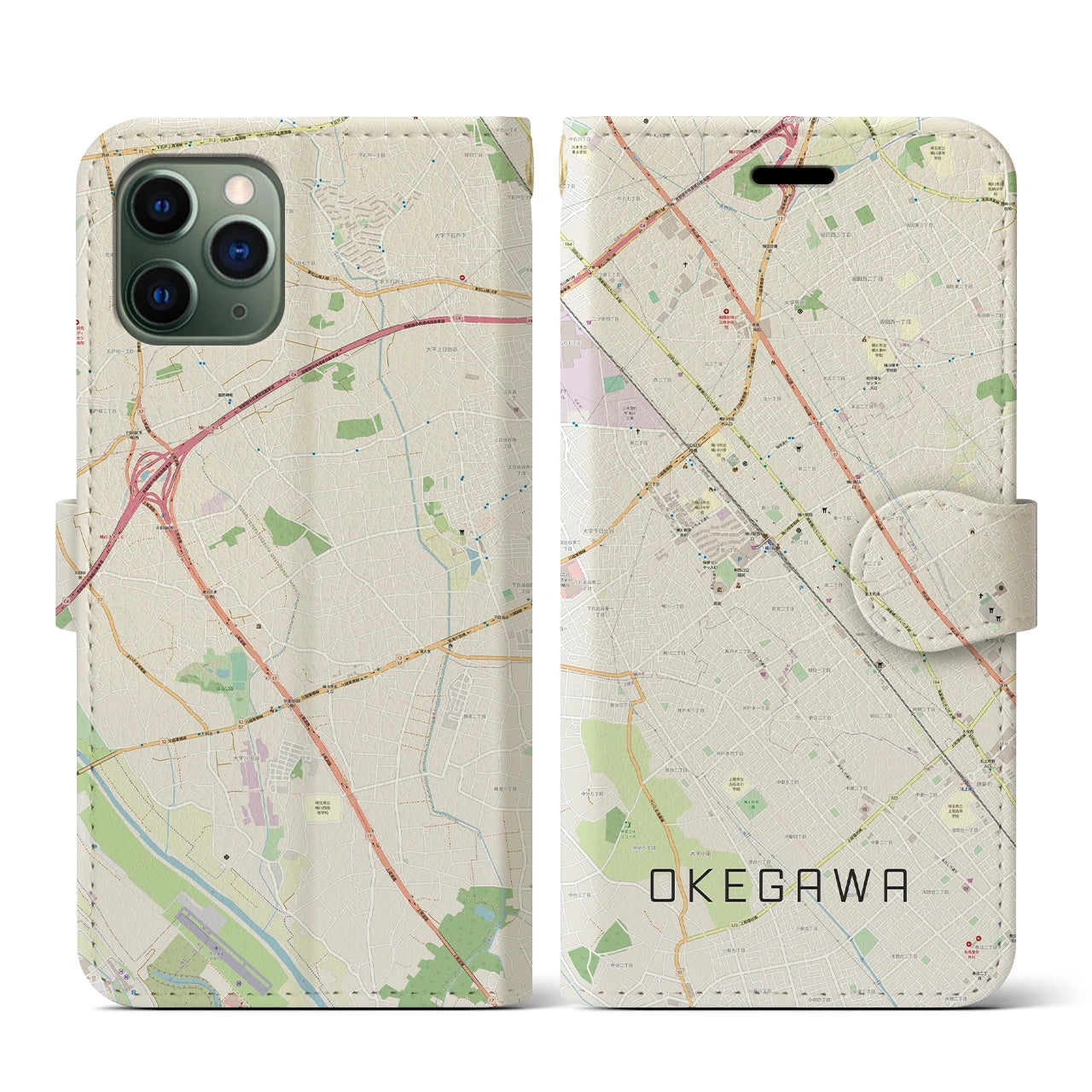 【桶川(埼玉県)】地図柄iPhoneケース(手帳タイプ)ナチュラル・iPhone 11 Pro 用