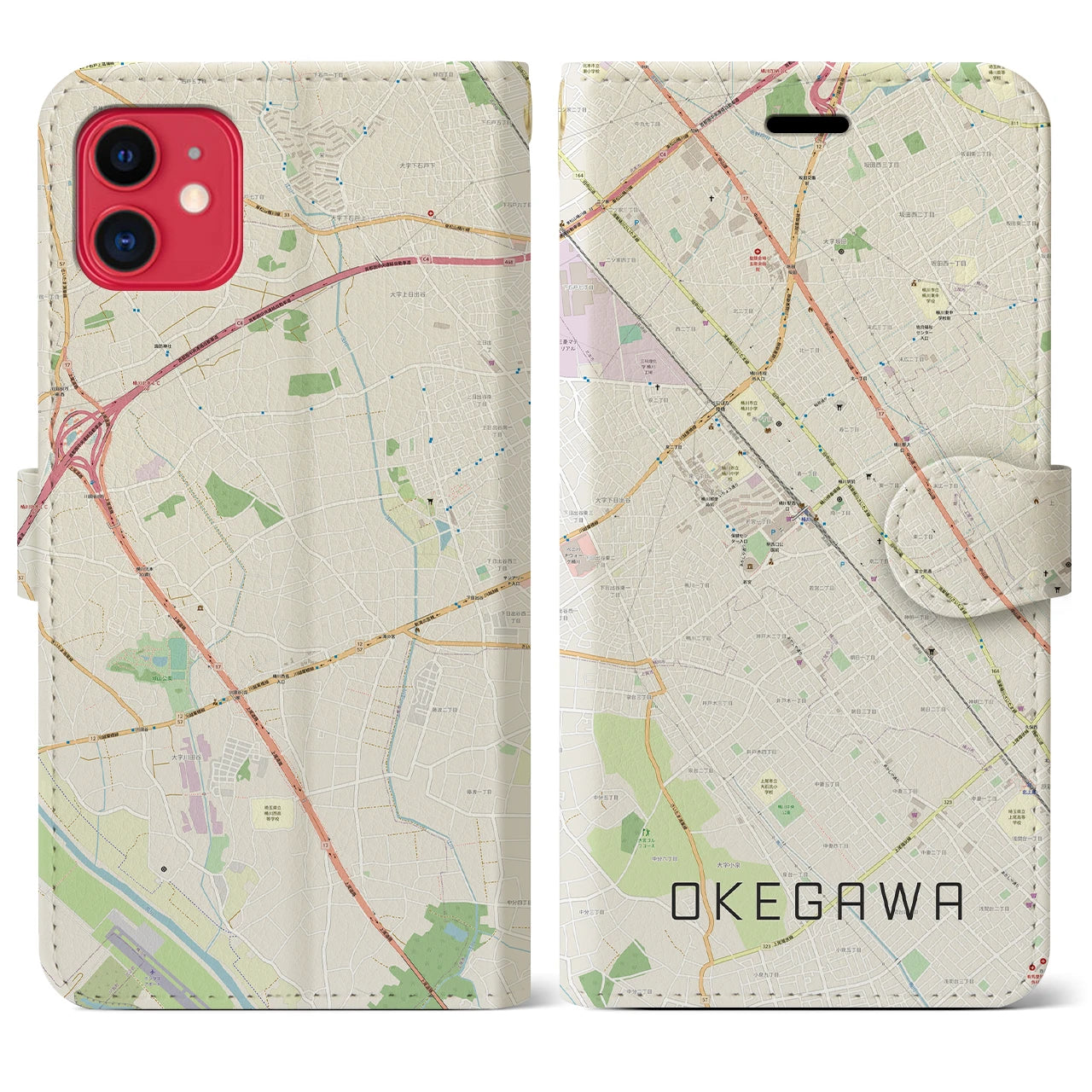 【桶川(埼玉県)】地図柄iPhoneケース(手帳タイプ)ナチュラル・iPhone 11 用