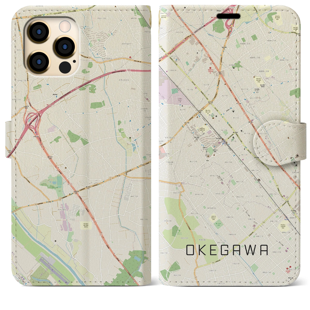 【桶川(埼玉県)】地図柄iPhoneケース(手帳タイプ)ナチュラル・iPhone 12 Pro Max 用