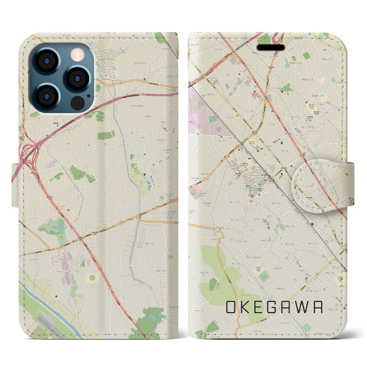 【桶川(埼玉県)】地図柄iPhoneケース(手帳タイプ)ナチュラル・iPhone 12 / 12 Pro 用