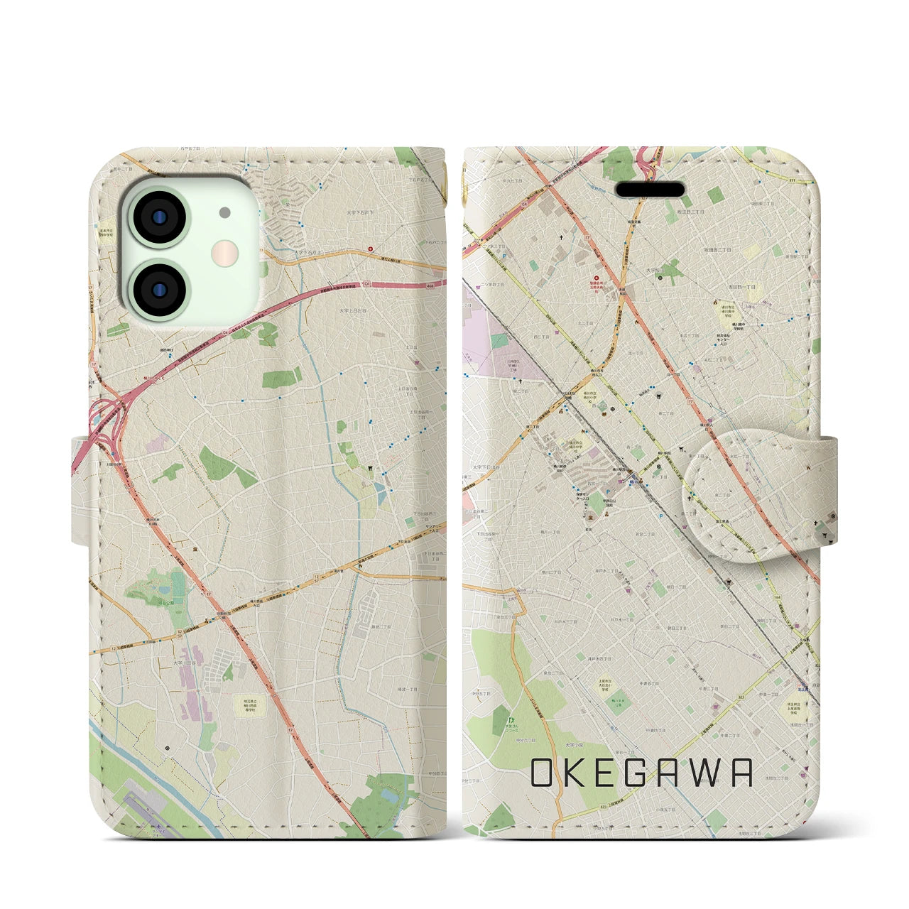 【桶川(埼玉県)】地図柄iPhoneケース(手帳タイプ)ナチュラル・iPhone 12 mini 用