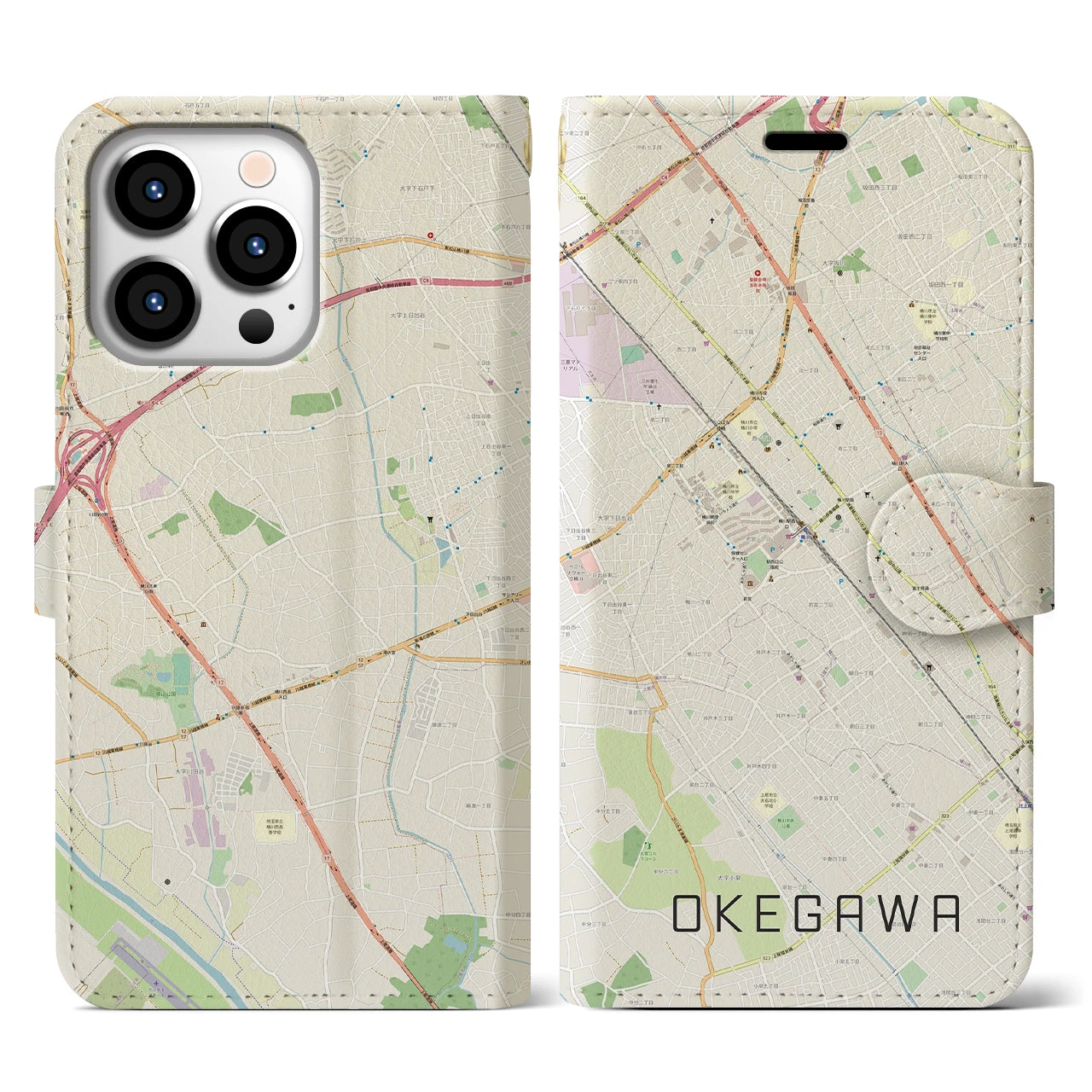 【桶川(埼玉県)】地図柄iPhoneケース(手帳タイプ)ナチュラル・iPhone 13 Pro 用