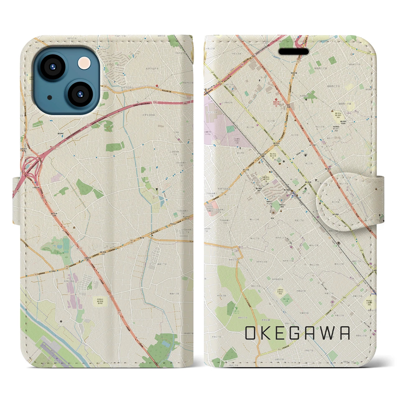 【桶川(埼玉県)】地図柄iPhoneケース(手帳タイプ)ナチュラル・iPhone 13 用