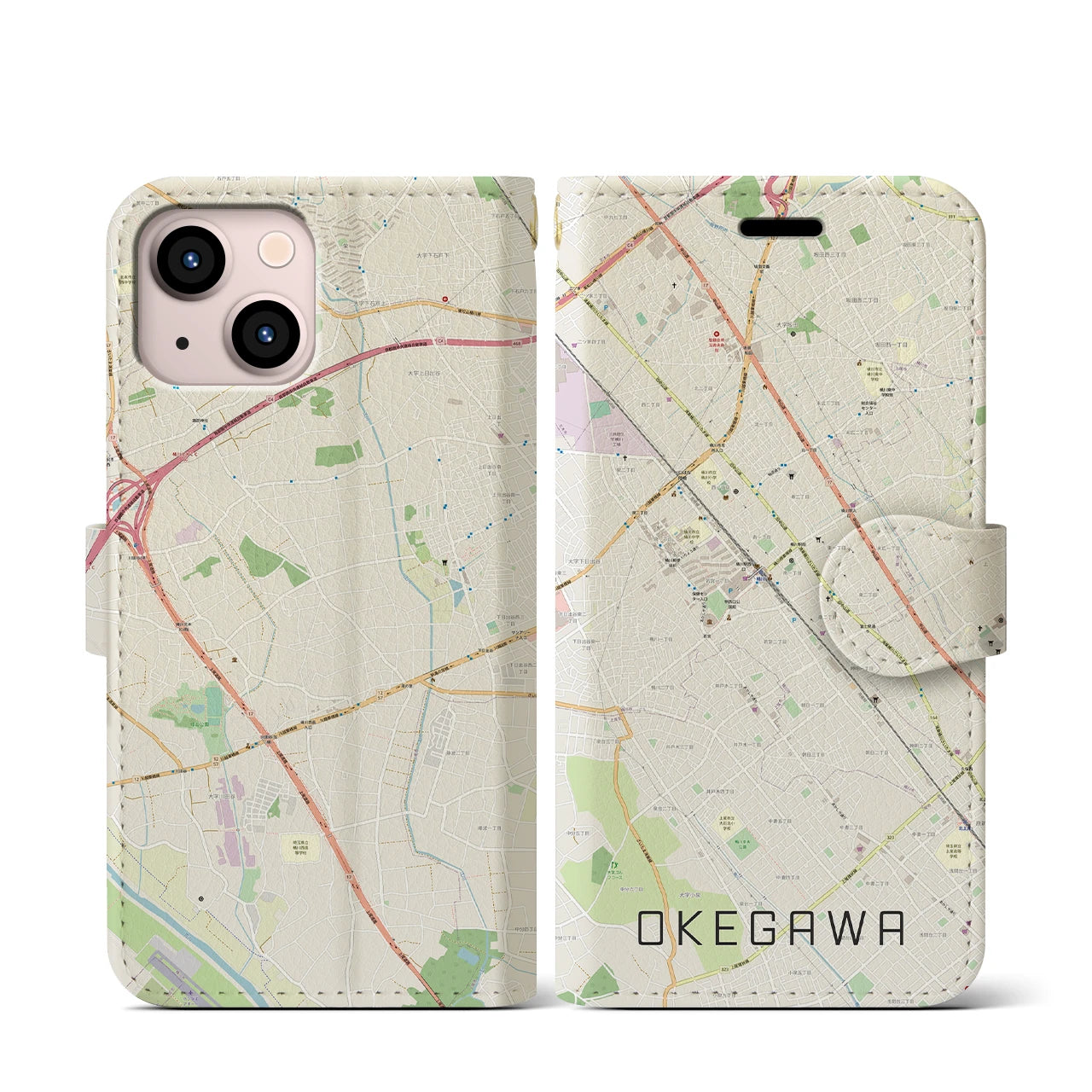 【桶川(埼玉県)】地図柄iPhoneケース(手帳タイプ)ナチュラル・iPhone 13 mini 用
