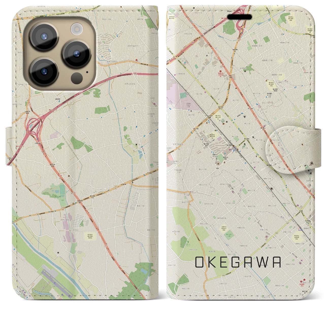 【桶川(埼玉県)】地図柄iPhoneケース(手帳タイプ)ナチュラル・iPhone 14 Pro Max 用