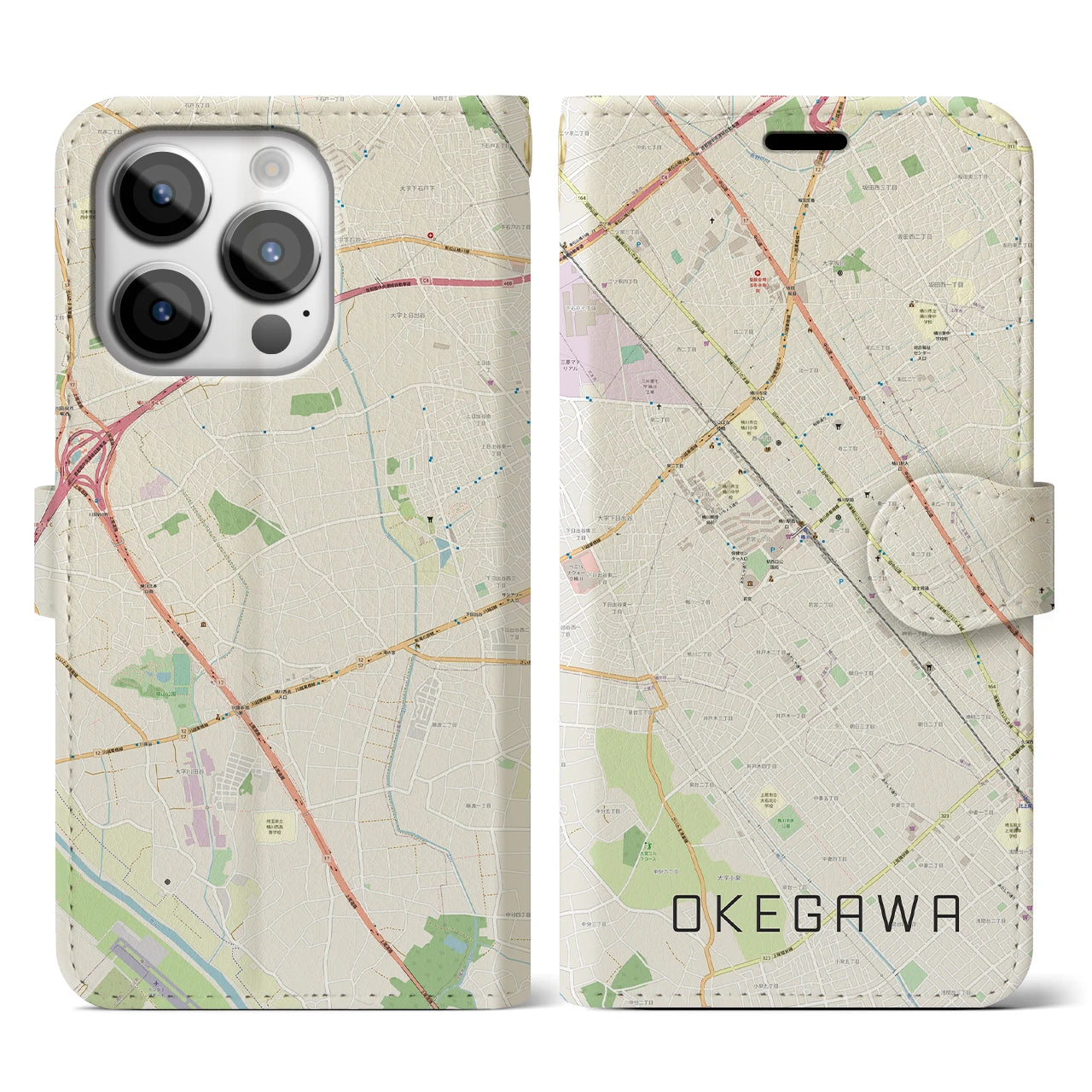 【桶川(埼玉県)】地図柄iPhoneケース(手帳タイプ)ナチュラル・iPhone 14 Pro 用