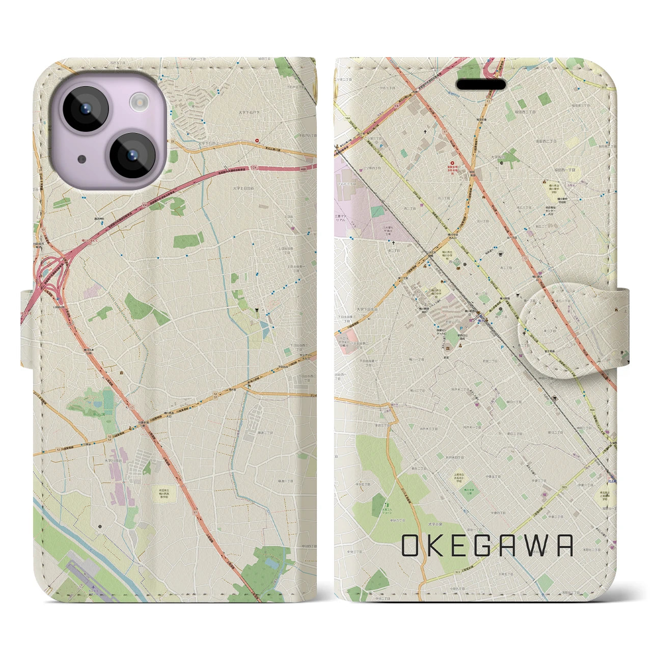 【桶川(埼玉県)】地図柄iPhoneケース(手帳タイプ)ナチュラル・iPhone 14 用