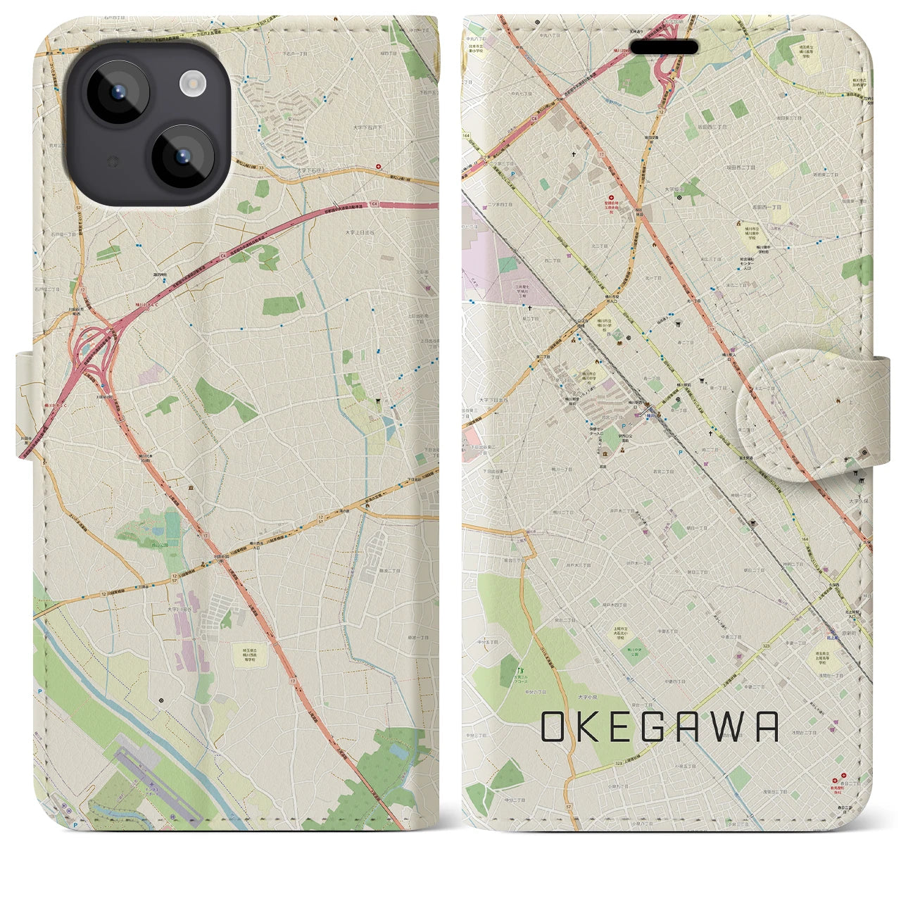 【桶川(埼玉県)】地図柄iPhoneケース(手帳タイプ)ナチュラル・iPhone 14 Plus 用